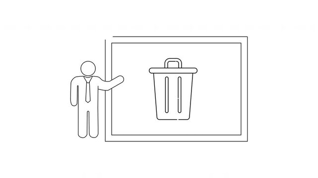 Simple Line Drawing of a Person Presenting a Trash Can Icon on a Whiteboard.