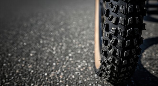 Close-up of a gritty bicycle tire with aggressive tread on textured asphalt, highlighting durability and outdoor adventure
