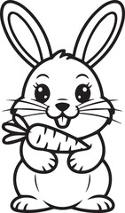 Fototapeta premium Cartoon rabbit holding carrot and smiling in simple line art illustration