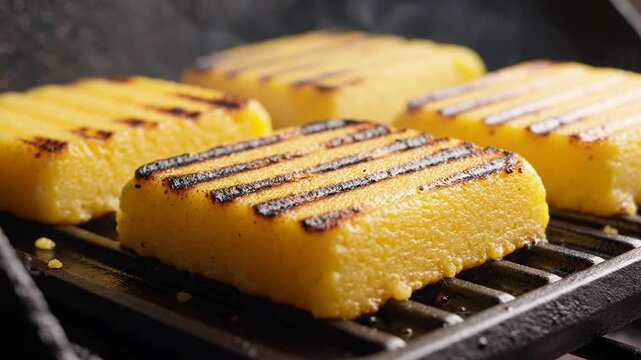 Grilling savory yellow polenta cakes on a hot cast iron grill pan.