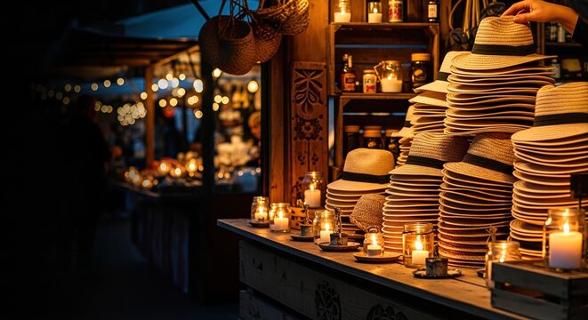 Stack of straw hats arranged on a rustic market stall, illuminated by warm candlelight creating a cozy summer retail atmosphere
