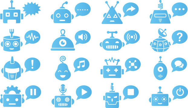 Collection of blue robot icons representing artificial intelligence communication and technology with speech bubbles.