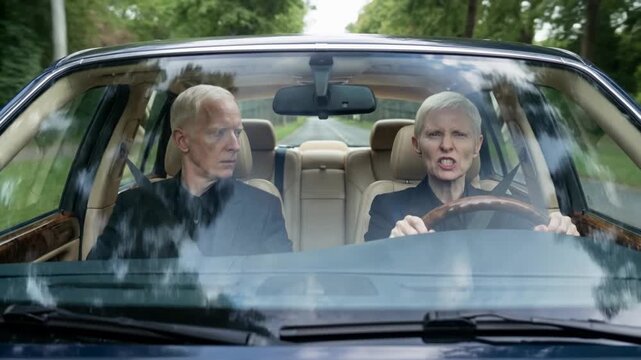 An elderly couple is driving in a car. The woman is losing her temper and screaming. Stress and nervousness.