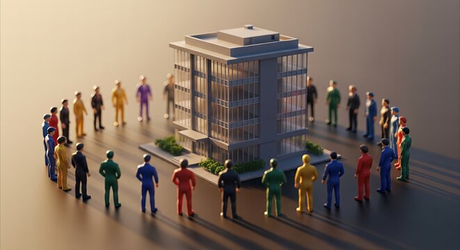 Colorful tiny people in circle around modern office building miniature, representing business vigilance and teamwork