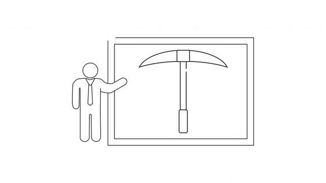 Simple Line Drawing of a Person Presenting an Umbrella and a Pickaxe.