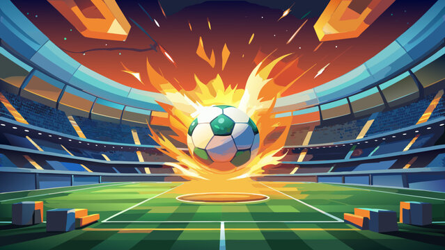 Soccer ball on fire, exploding in stadium, sports illustration, football field