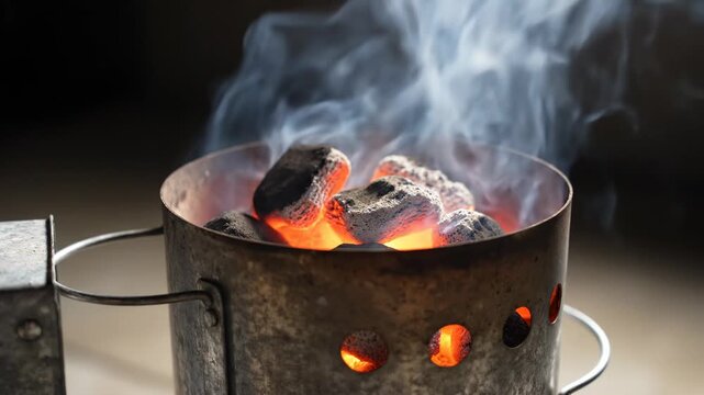 Burning charcoal embers in a metal grill chimney starter for outdoor cooking.