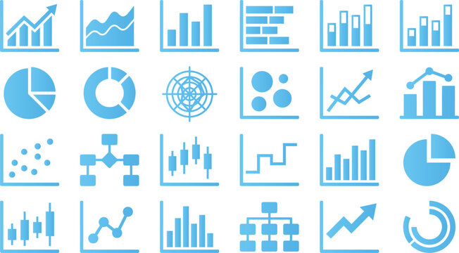 Variety of blue icons displaying different types of charts and graphs for data visualization and analytics purposes.