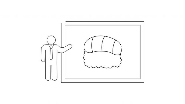 Simple Line Drawing of a Person Presenting Sushi on a Whiteboard.
