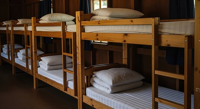 Row of wooden bunk beds with striped mattresses and stacked pillows in a rustic camp dormitory, offering ample copy space for promotions.