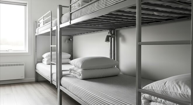 Minimalist bunk beds in a clean, organized dormitory with striped bedding and stacked pillows, offering functional shared living space.