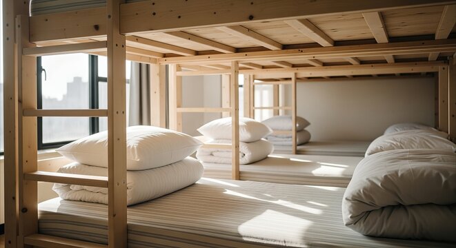 Clean dormitory bunk beds with striped mattresses and white pillows, organized shared living space with natural light