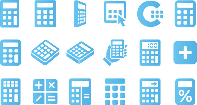 Modern blue icons of calculators digital devices showing calculations plus minus and percentage operations technology.