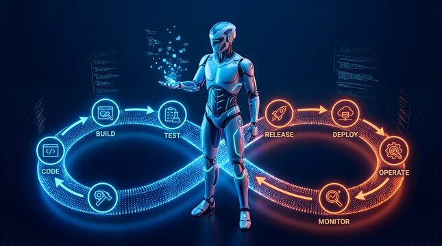 Futuristic AI robot standing between DevOps infinity loop showing software development lifecycle build test deploy monitor automation and continuous integration workflow