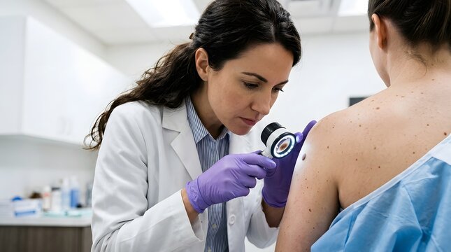 Professional female dermatologist examining patient skin moles with dermatoscope checking for skin cancer melanoma during medical consultation at modern dermatology clinic