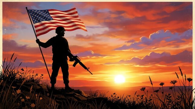 Patriot day remembrance silhouette of soldier with american flag at sunset