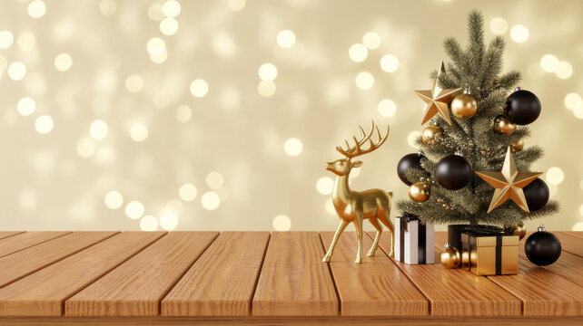 Miniature Christmas tree with gold star toppers and elegant black ornaments standing beside a golden reindeer decorative figurine display piece