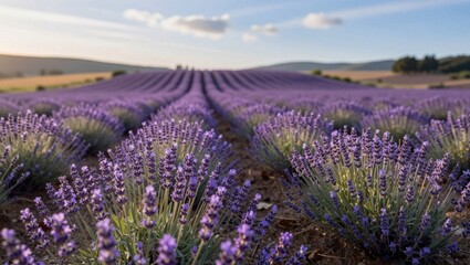 Obraz premium Lavender rows blooming across rural field at sunset