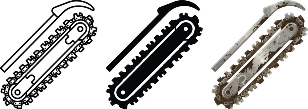Set of trenching machine icons linear solid and realistic styles for construction and landscaping design isolated on white