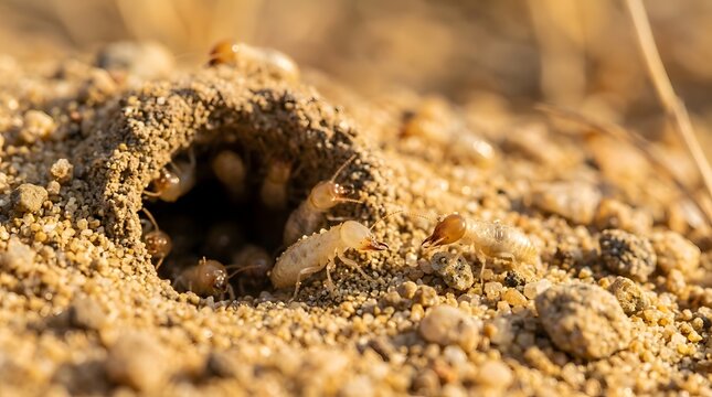 Close-up macro shot of single ant carrying food at colony entrance hole in sandy desert ground, insect wildlife teamwork with natural soil habitat in golden sunlight