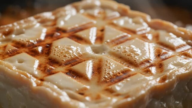 Close up view of a delicious freshly baked pie with geometric crust pattern.