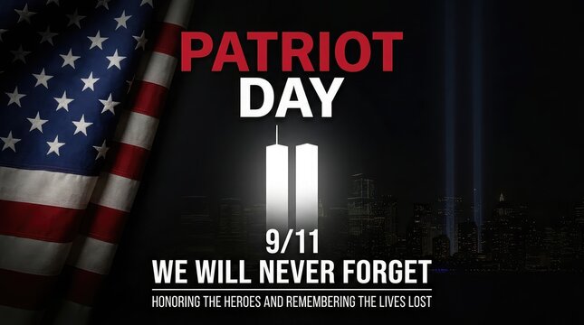 Patriot day memorial remembering 9 11 with american flags and twin tower tribute