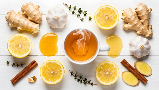 Winter Immunity Remedy Flatlay Honey Lemon Ginger Tea with Vitamin Supplements
