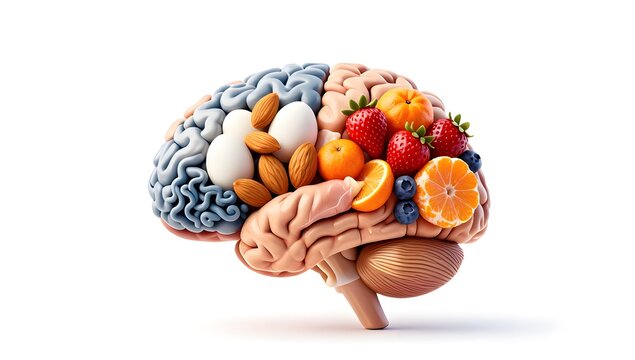 Left vs Right Brain Food Split Creative Concept with Protein and Fruits