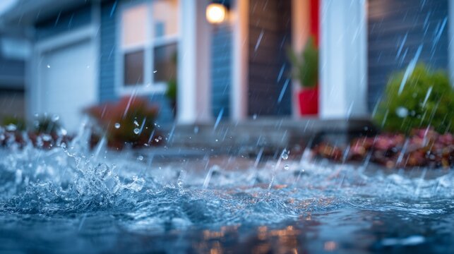 Water Rising at Night Near Residential Area with Approaching Storm