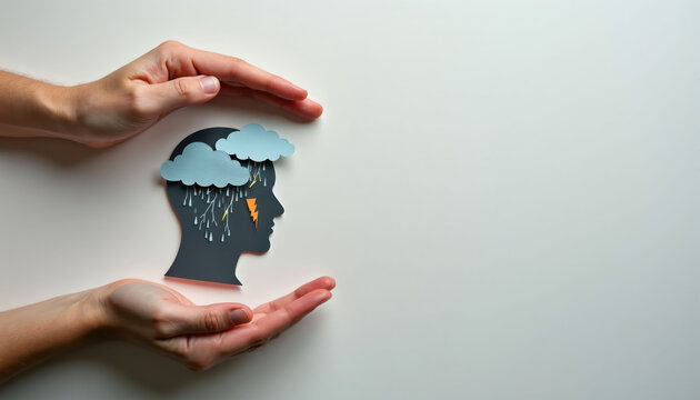 Hands protect silhouette of head with stormy weather inside. Mental health concept of inner turmoil and care. Emotional support for psychological struggles and healing.