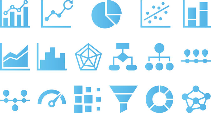 Collection of blue icons for charts graphs data analysis and statistics symbols showing growth and trends on white background.