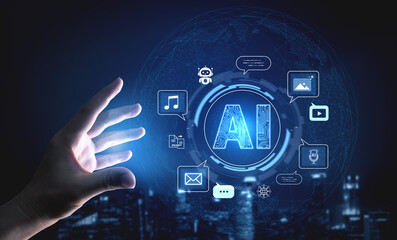 Fototapeta premium Artificial intelligence assistant supporting conversation, email, voice, music, video and creative workflows across platforms. Corpus