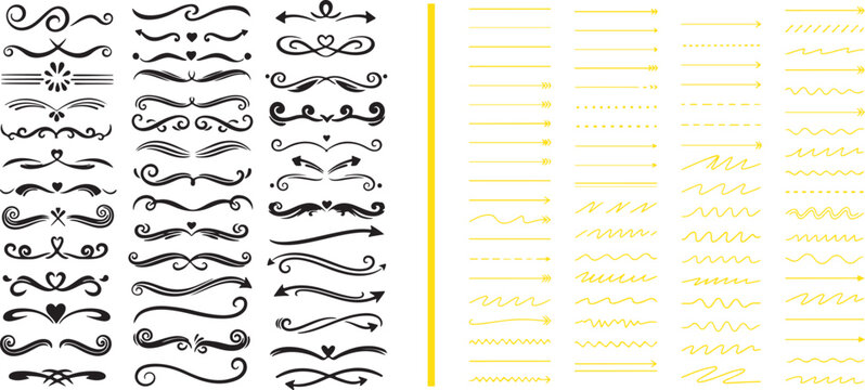 Vector collection of hand-drawn decorative dividers, flourishes, and arrows. Ideal for wedding invitations, journal layouts, and creative design