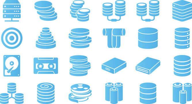 Collection of blue data storage and hard drive icons with databases servers and memory devices.