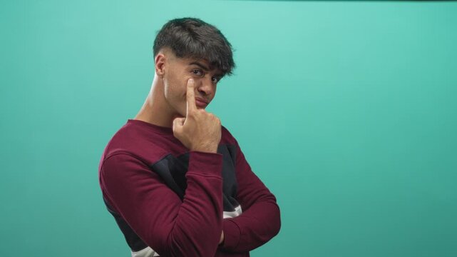 Man pointing finger to cheek with arms crossed in studio wearing burgundy sweatshirt against a teal wall; teasing playful confidence.