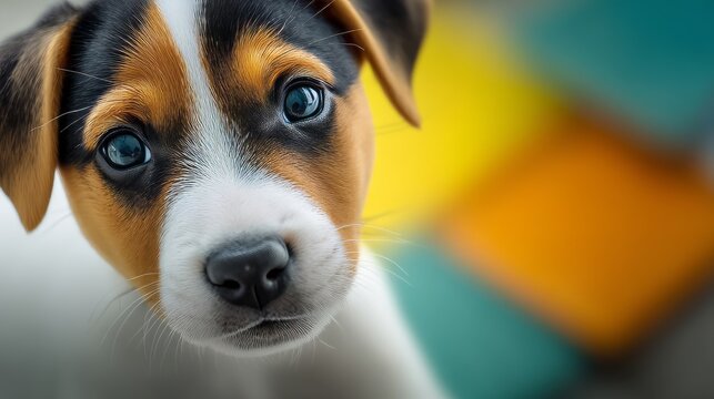Cute Puppy Close-Up with Unique Eye Color and Playful Expression