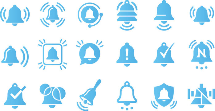 Notification bell icon set for mobile application alert interface symbol design push messages sound ringing signal sign.