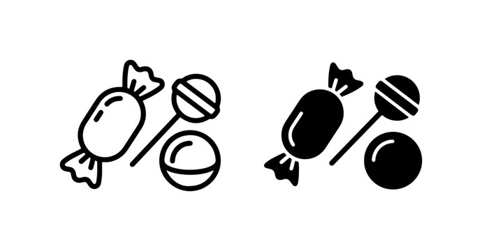 Sweet Treats Vector Icons: Candy, Lollipop, and Gumball Set for Confectionery and Dessert Graphics, Black and White Line Art