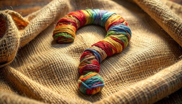 Colorful Yarn Wrapped Question Mark on Rustic Burlap Sack Cloth