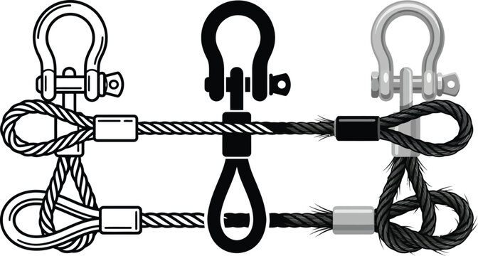 Set of shackle and wire rope loop icons industrial hardware symbols for rigging and lifting isolated on white background