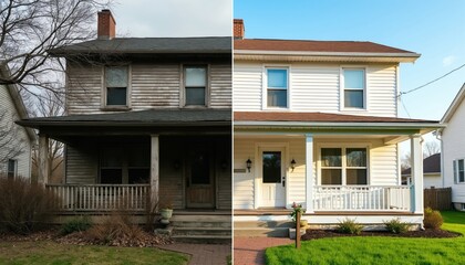 Fototapeta premium Side by side view shows old rundown house before and bright renovated home after. Improved exterior features clean white siding, new porch, and fresh lawn. Property transformation complete.