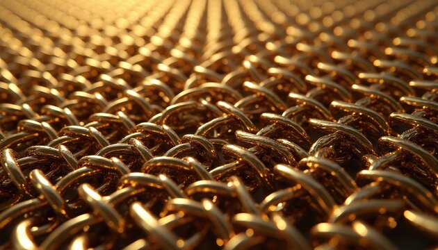 Close up of shiny gold chain mail texture. Interlocking metal links form a geometric pattern. Warm light reflects off metallic surface, creating a luxurious background.