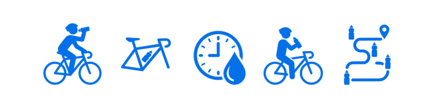 Blue cycling hydration icon set featuring cyclists drinking, water bottles, hydration timing, and route maps with water stops. Perfect for sports training and fitness infographics.