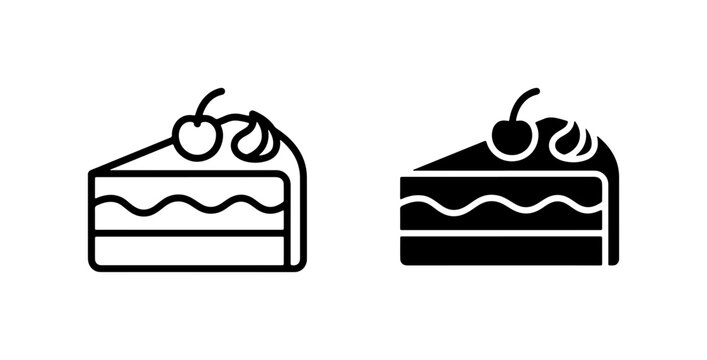 Dessert Icons: Slice of Cake with Cherry, Sweet Treat Vector Graphics, Food Symbols