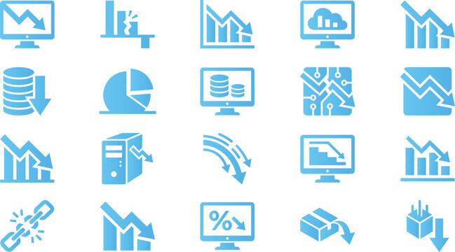 Blue icons representing financial data and business trends showing decline and decrease with charts computers and graphs.