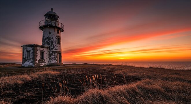 Old weathered lighthouse on a coastal cliff at dramatic sunset, with dry grass in foreground