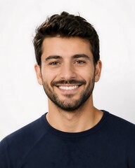 Fototapeta premium Smiling young man, dark hair, navy blue shirt, portrait, adult male, friendly face