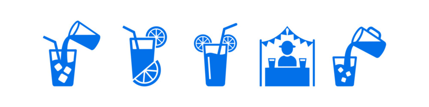 Blue flat icon set for a lemonade stand featuring pitchers pouring drinks, glasses with straws and lemon slices, and a beverage vendor stall. Perfect for summer business and cooling themes.