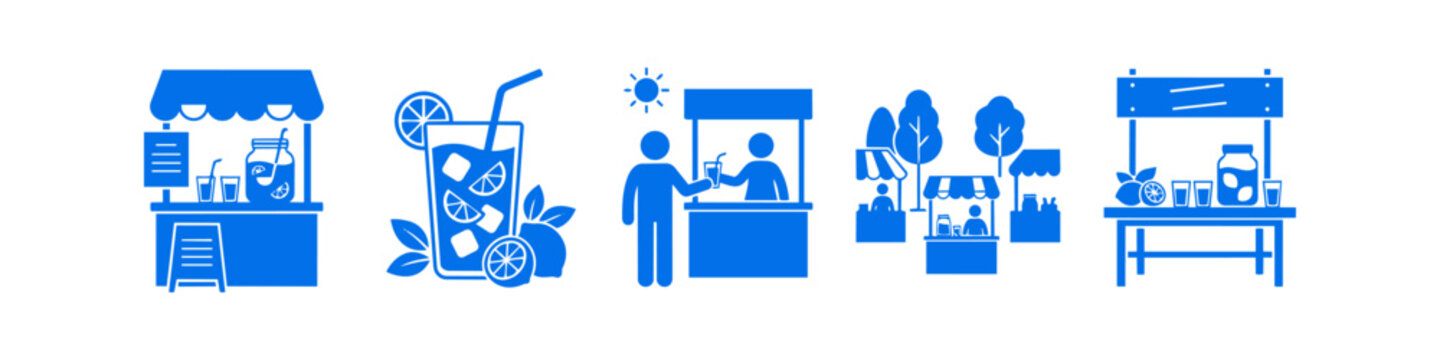 Blue vector icons of lemonade stands and refreshing summer drinks. Set includes market stalls, glasses of citrus beverage with ice, and people at a juice booth.