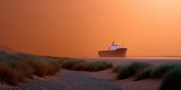 extreme weather photography, a cargo ship sails through the suez canal, shrouded in a thick, reddish-orange dust storm from the desert, creating a unique, hot atmospheric distortion national